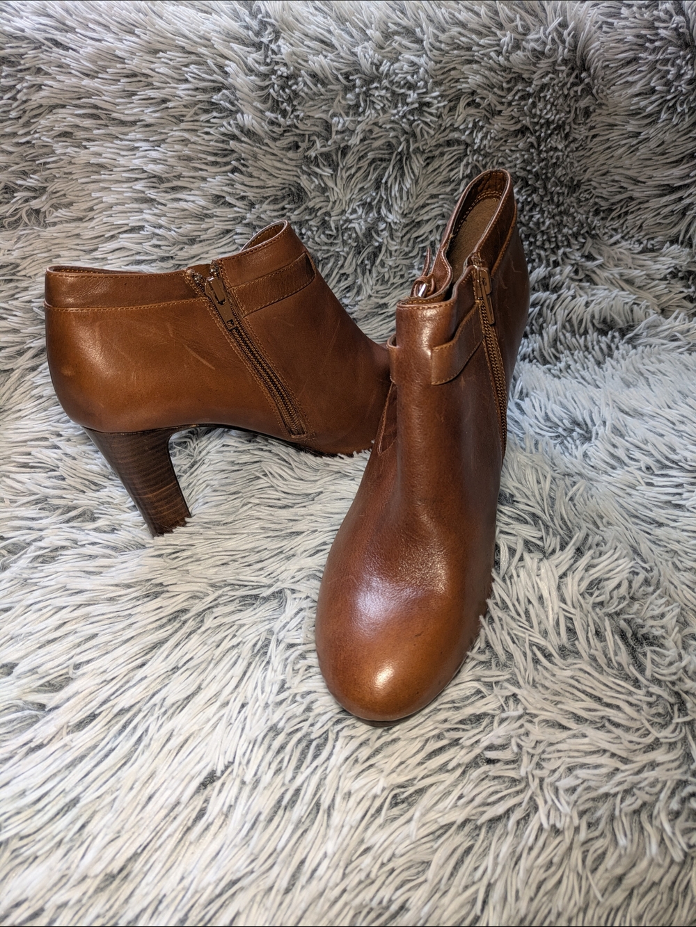 Lauren Ralph Lauren Cognac Brown Leather Ankle Booties with Side Zip